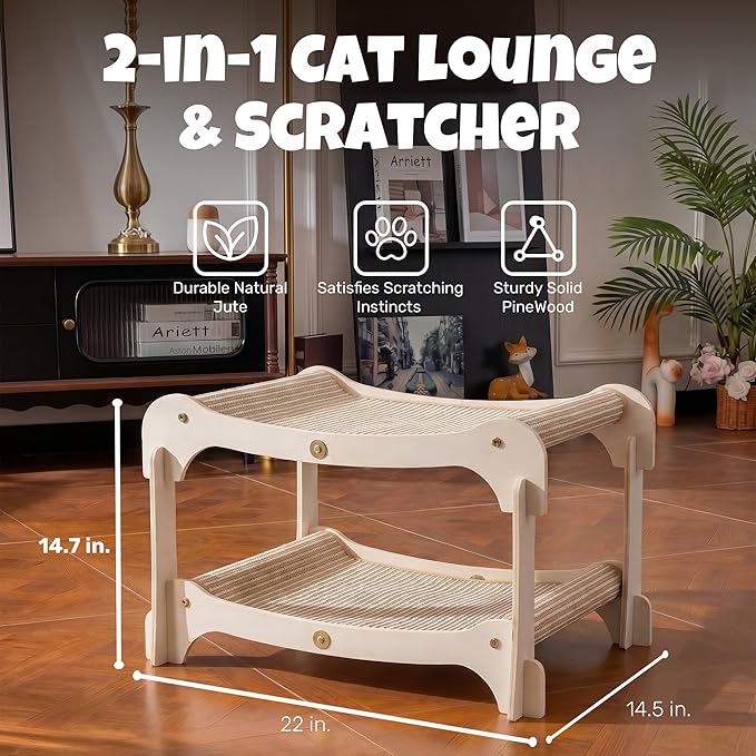 Cat Lounger, 2-Tier Wood Bed & Scratcher, Double Layer Cat Hammock Bunk Bed - Image 3