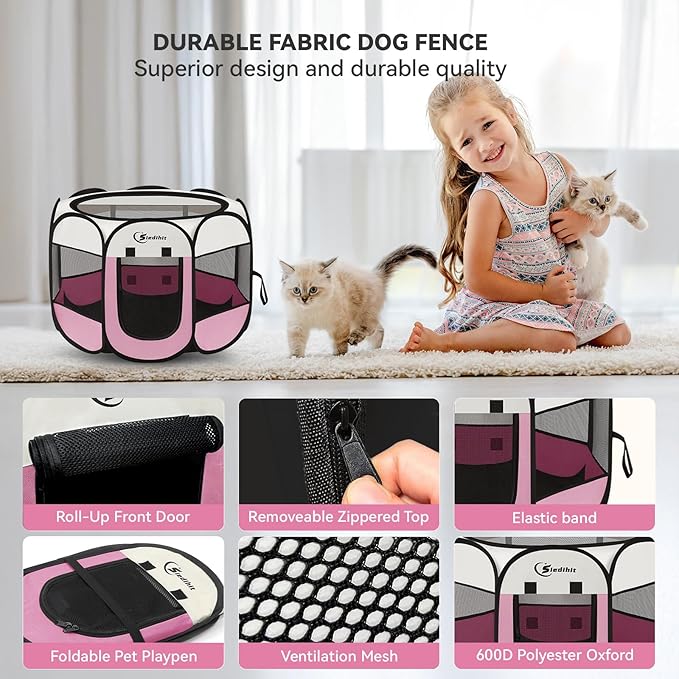 Siedihit Pink Dog Cat Playpen, Puppy Pet Playpen Indoor - Image 4