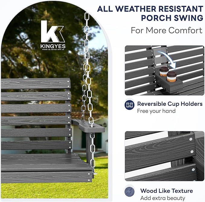 KINGYES Outdoor Hanging Porch Swing Set of 4, 2 Seat Patio Swing Recliner - Image 2