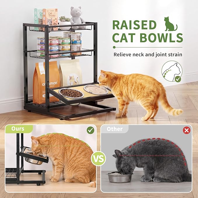 Elevated Cat Bowl Stand Feeding Station, 3-Tier Cat Food Organizer & Storage - Image 7