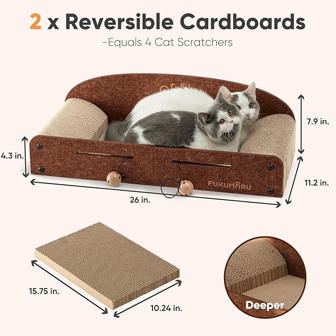 FUKUMARU 26 Inch Cat Scratcher Bed, 2 Reversible Cardboard Cat Scratch Pads - Image 6
