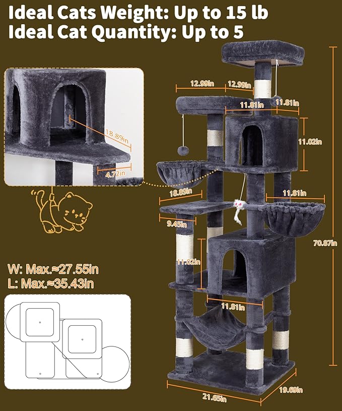 AMHANCIBLE 70 Inch Cat Tree for Large Cats, Tall Heavy Duty Kitty Playhouse - Image 5