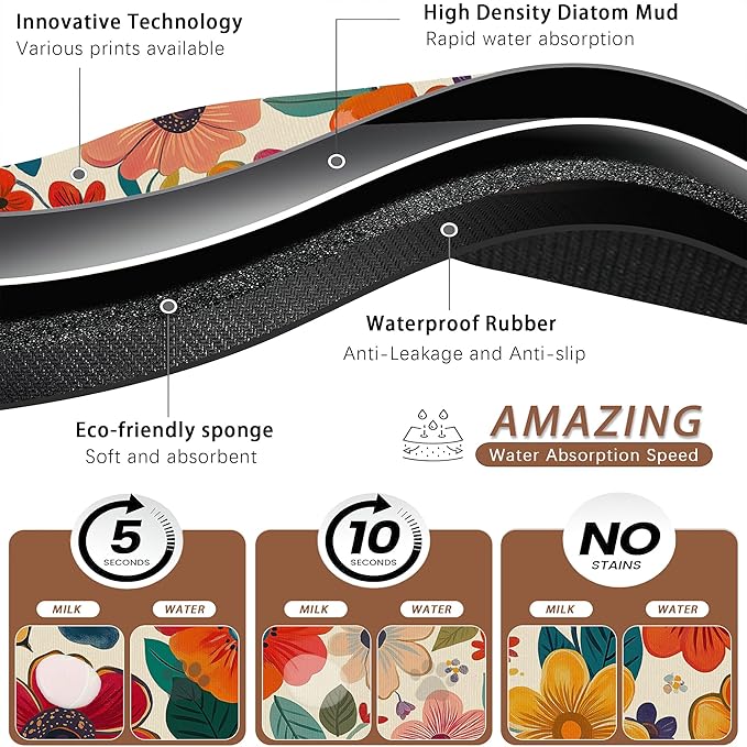 Floral White Dog Food Mat for Floors, Boho Absorbent Quick-Dry Pet Feeding Mat - Image 3
