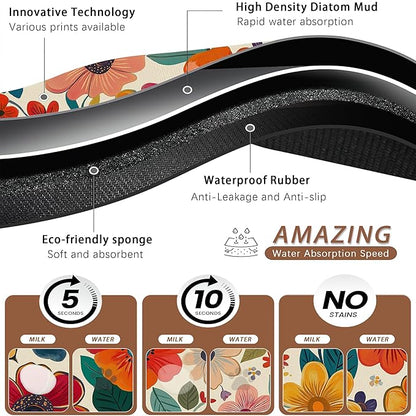 Floral White Dog Food Mat for Floors, Boho Absorbent Quick-Dry Pet Feeding Mat - Image 3