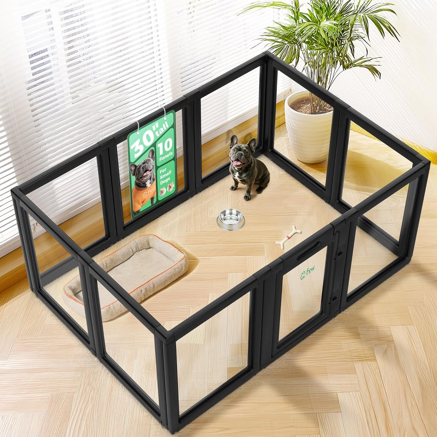 FXW AuraSpace Acrylic Indoor Unleashed Dog Playpen for Small and Medium Dogs, 30 Inch, 10 Panels, Black