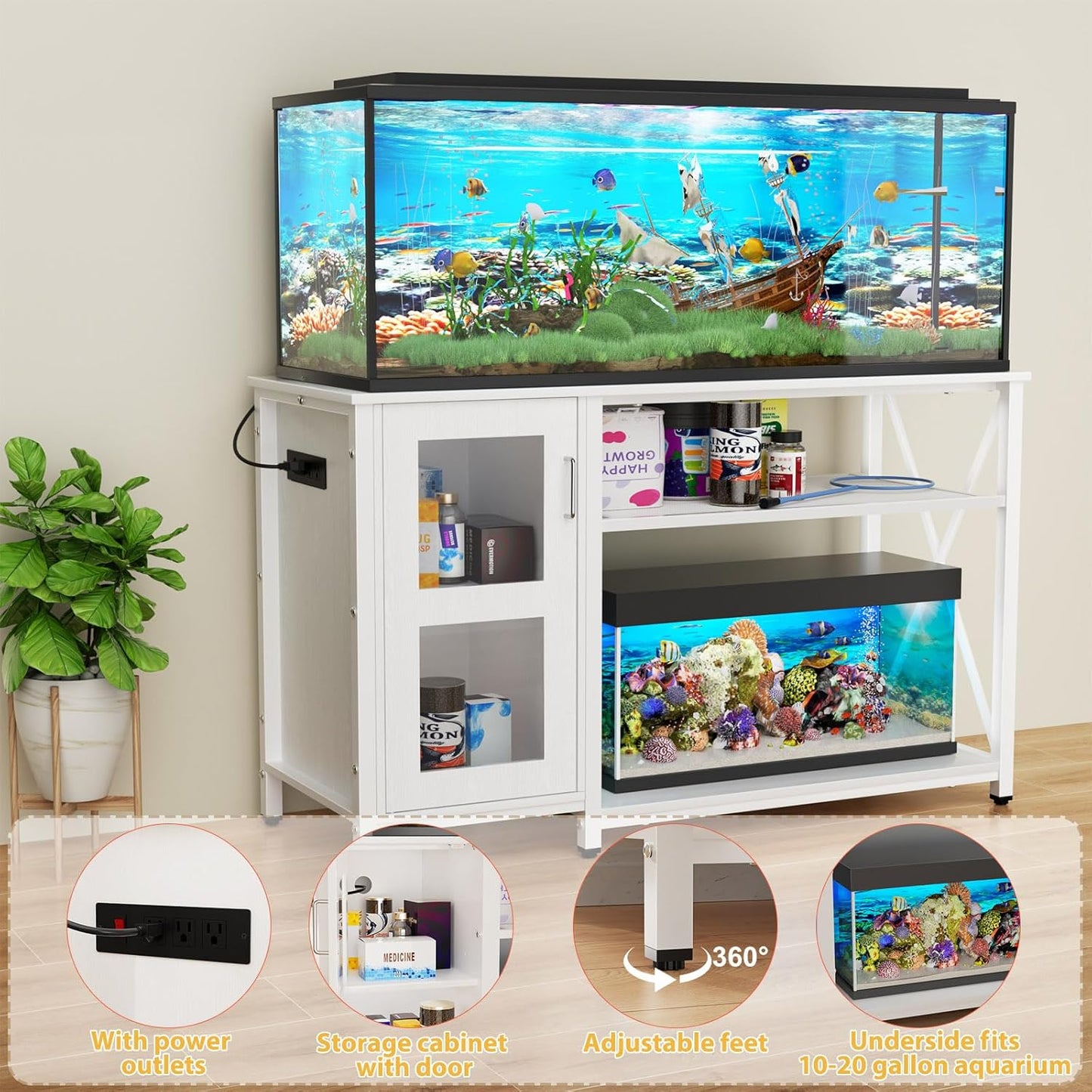 55-75 Gallon Fish Tank Stand with Cabinet, Aquarium Stand for Fish Tank Accessories Storage, Heavy Duty Metal Terrarium Stand, 52" L*19" W Tabletop, 1200LBS Capacity, White
