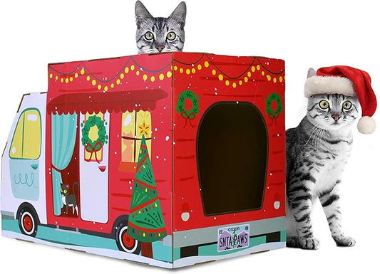American Cat Club Christmas Cat House & Cat Scratcher w/Bonus Catnip Included by American+Cat+Club