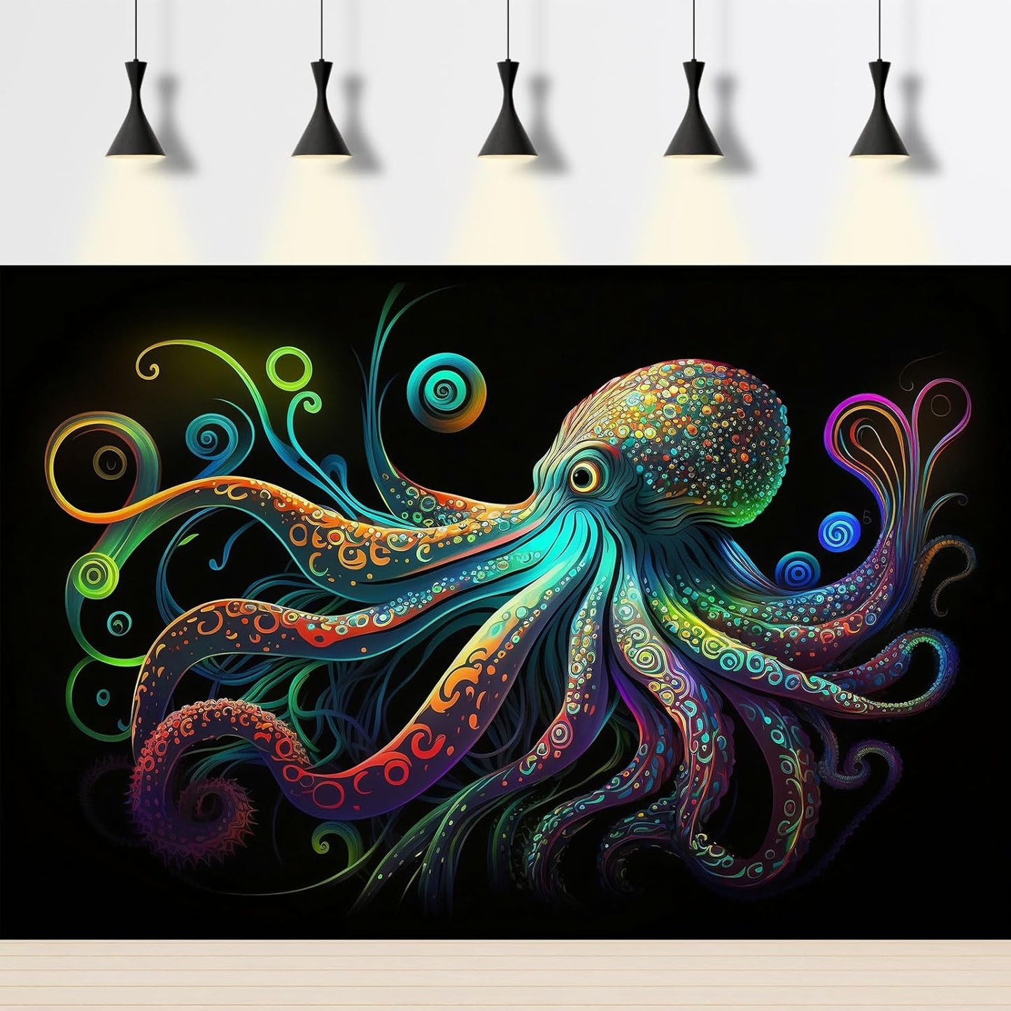 Octopus Aquarium Background Exquisite Colorful Octopus Terrarium Background Glowing Octopus on Black Background Fish Tank Backdrop Octopus Backdrops Poster Wallpaper Decorations Vinyl 48x18in