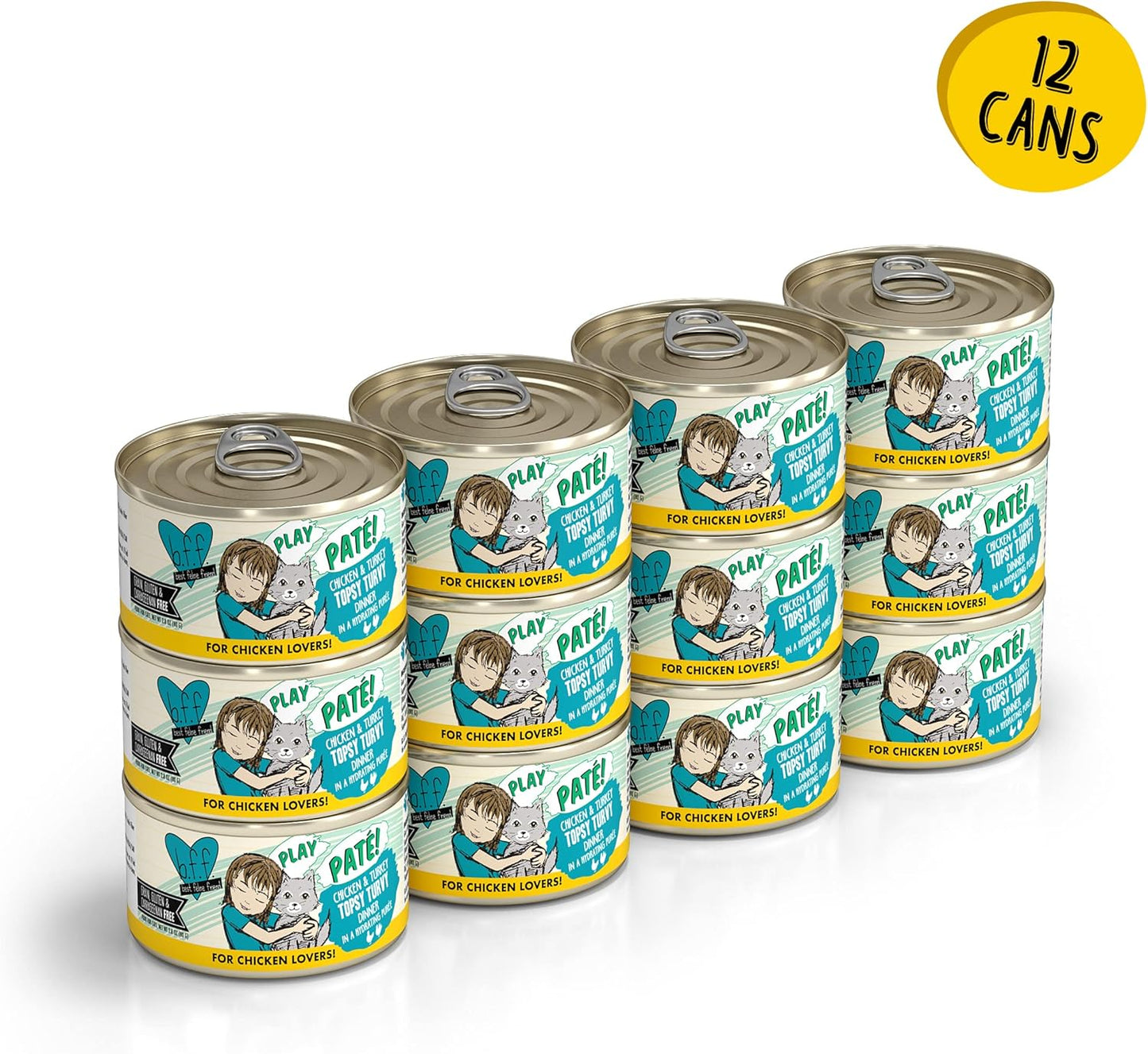 Weruva B.F.F. Play - Best Feline Friend Paté Lovers, Aw Yeah!, Chicken & Turkey Topsy Turvy with Chicken & Turkey, 2.8oz Can (Pack of 12)