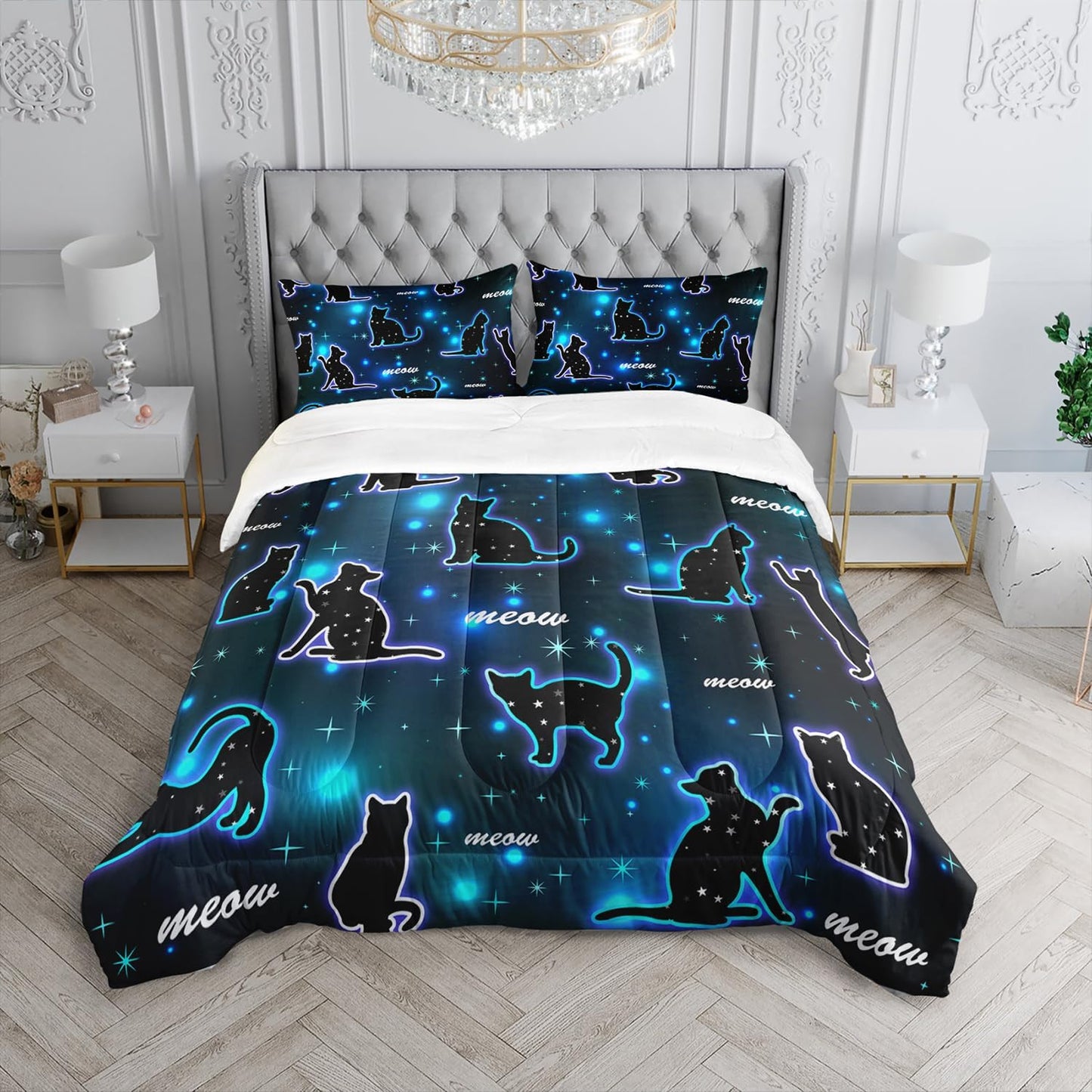 Kawaii Pet Cat Comforter 3Pcs Twin Gradient Line Cute Kitten Animal Bedding Set for Kids Teens Girls Boys Cat Glitter Polka Dots Pattern Quilt Bed Decor with 1 Comforter and 2 Pillowcases
