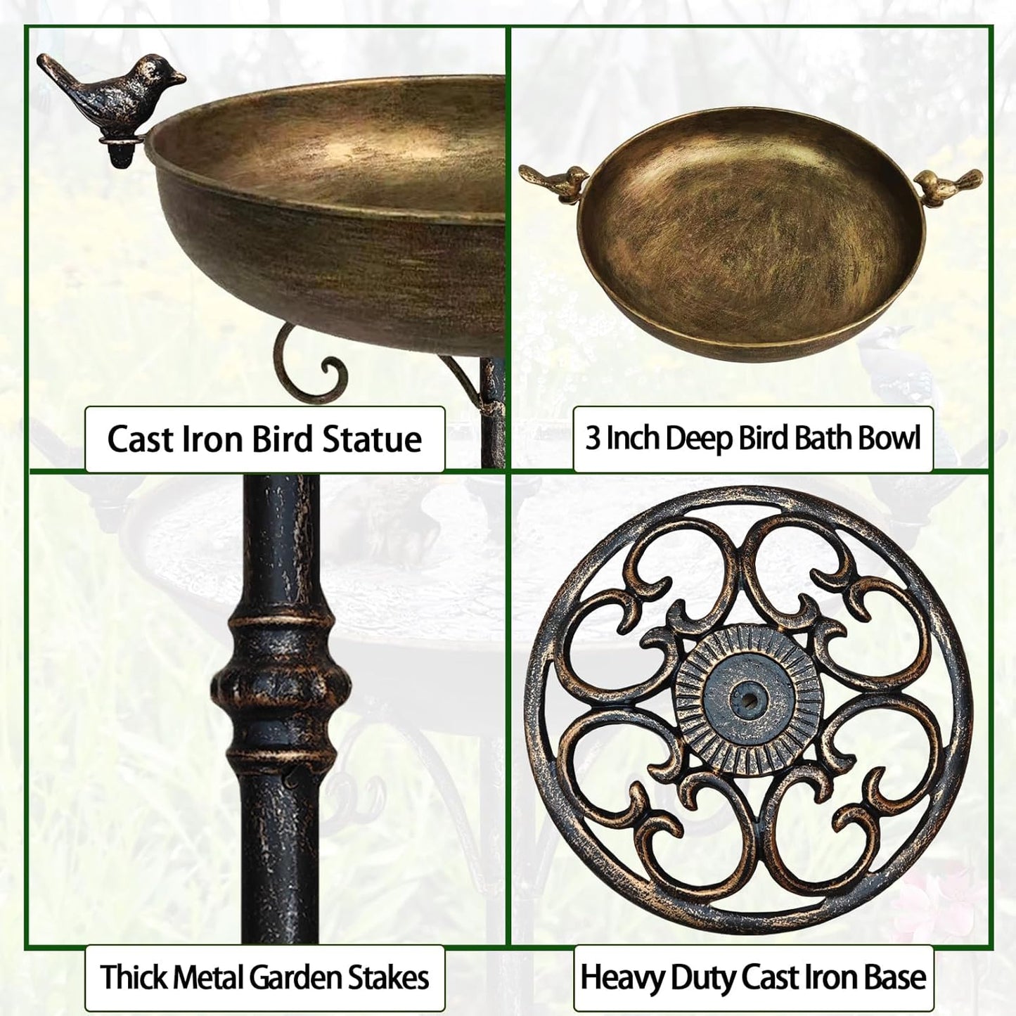 Cast Iron Bird Bath, Bird Baths for Outdoor, Metal Bird Bath with Bird Statues Bird Bath and Bird Feeder Bowl Tray Yard Garden Lawn Outside Decoration
