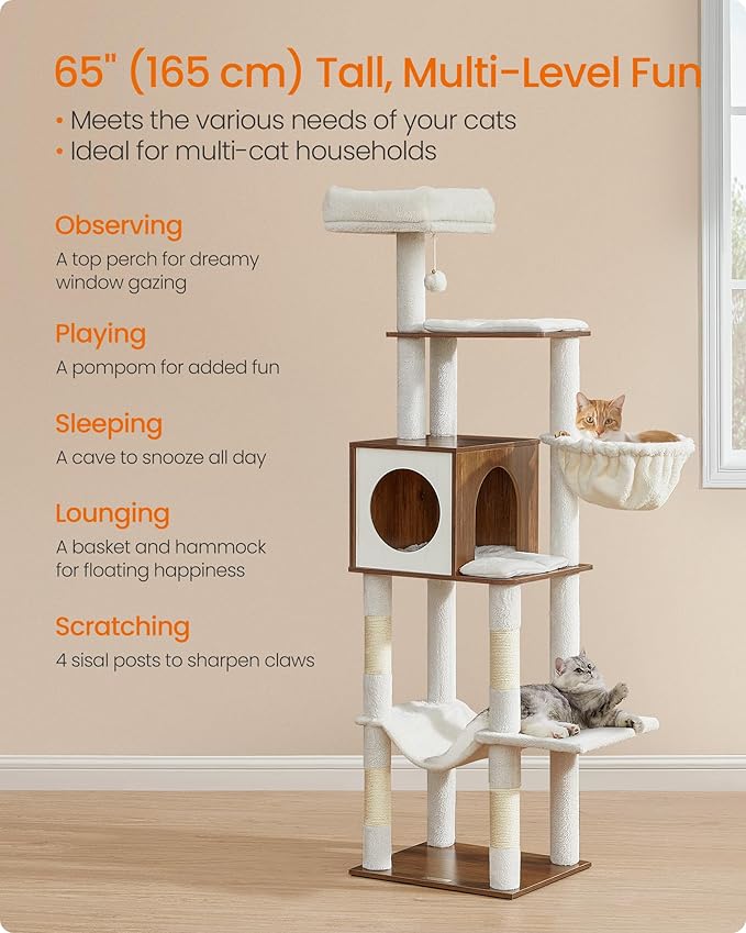 Feandrea Cat Tree, 65-Inch Tall Cat Tower, Scratching Posts, Honey Brown - Image 3
