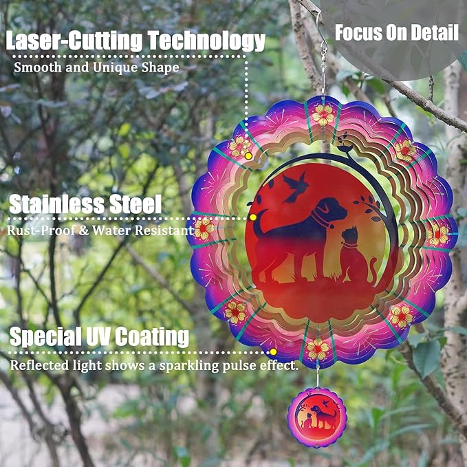Cat Dog Friend Wind Spinners for Yard and Garden, 12 Inch 3D Stainless Steel - Image 4