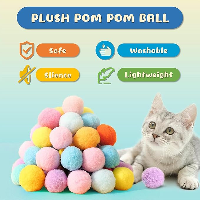 30 Pcs Premium Silent Cat Pom Pom Balls, Interactive Lightweight Assorted - Image 2