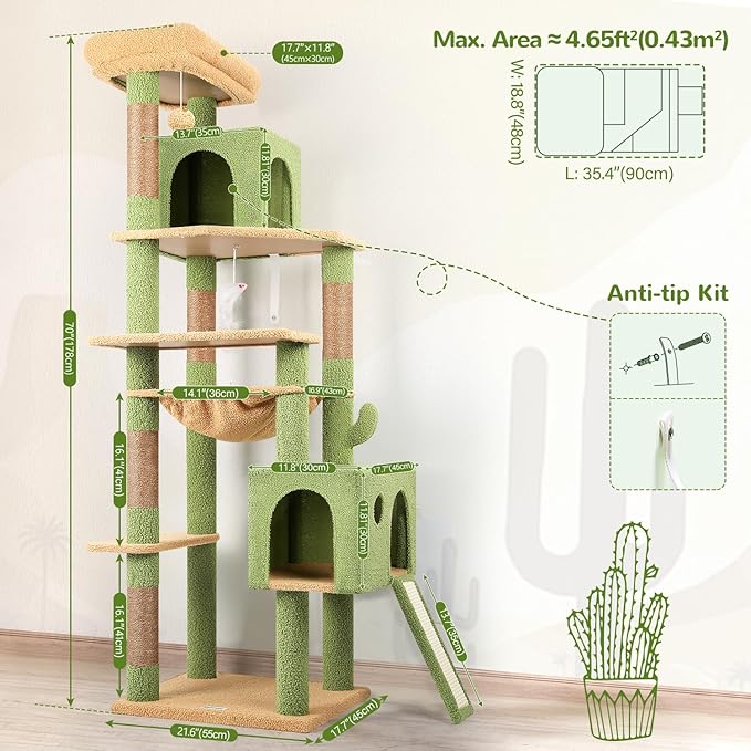 Globlazer Large Cactus Cat Tree Tower, 70in Tall Heavy Duty Green Cat Tree - Image 6