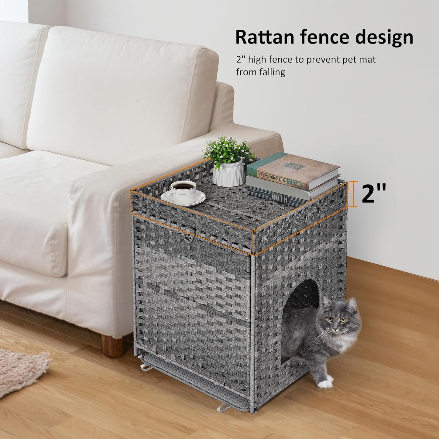 Cat Litter Box Enclosure with Soft Litter Mat; Hidden Kitten Washroom Furniture with Door; Handwoven Rattan Cat House; Pet Crate for Living Room, Bedroom, Balcony (Grey)