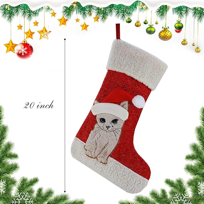 WEWILL 20'' Cute Cat Christmas Stockings Embroidered Xmas Socks Holiday Party - Image 5