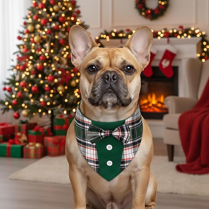 ADOGGYGO Christmas Green Dog Tuxedo Bandana, Plaid Pet Bowtie Collar, - Image 3