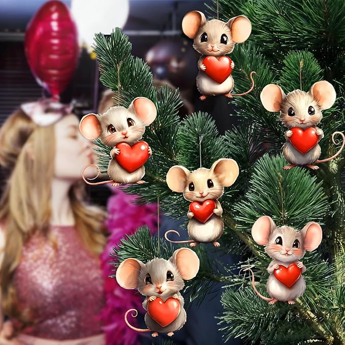 8 Pcs Cute Mouse Holding a Red Heart Ornaments - Image 5