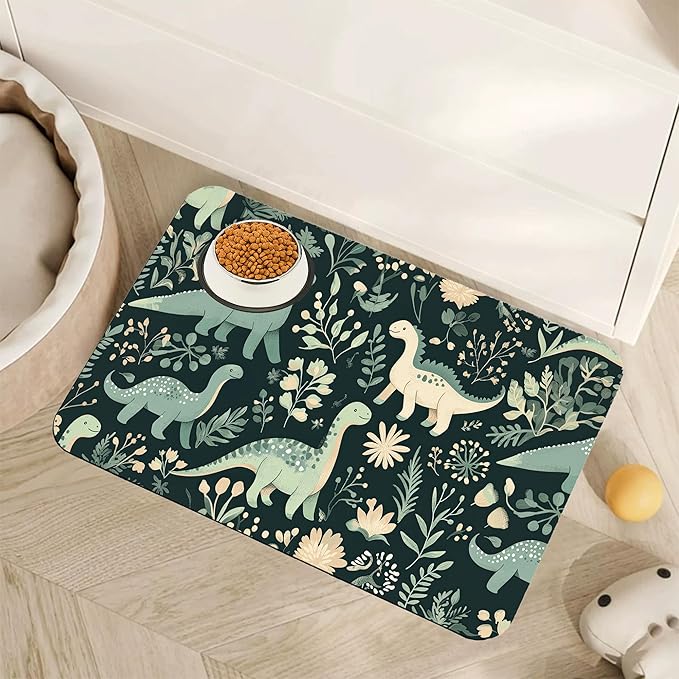 Cute Dinosaur Dog Cat Food Mat, Forest Absorbent Pet Feeding Mat by Unknown