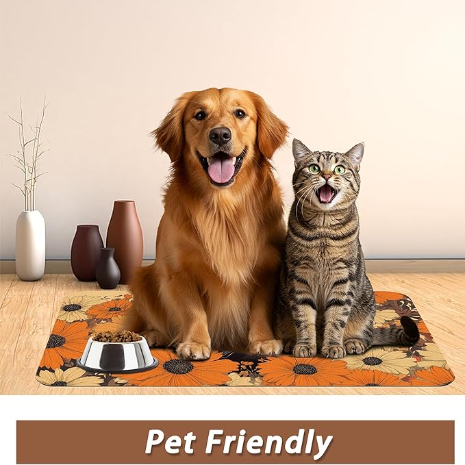 Black Cat Dog Food Mat for Floors, Fall Flower Daisy Absorbent Pet Food and - Image 6