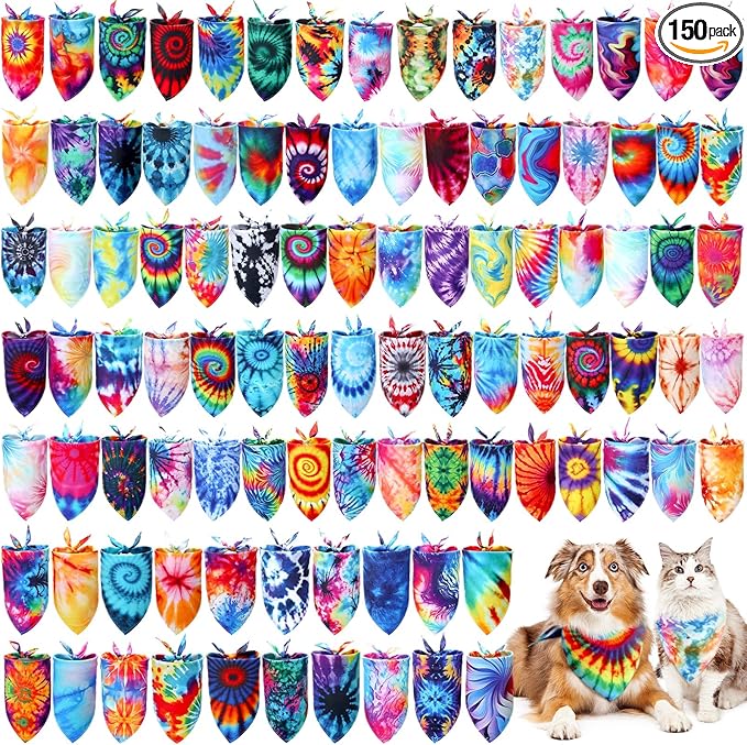 Huhumy 150 Pcs Tie Dye Dog Bandanas Bulk Pet Bibs Colorful Triangle Scarf Tie by Huhumy