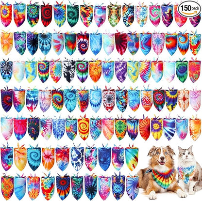Huhumy 150 Pcs Tie Dye Dog Bandanas Bulk Pet Bibs Colorful Triangle Scarf Tie by Huhumy