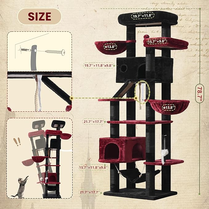 Gitelsnour Gothic Cat Tree for Large Cats, 78.7" Tall Cat Tower for Indoor Cats - Image 7