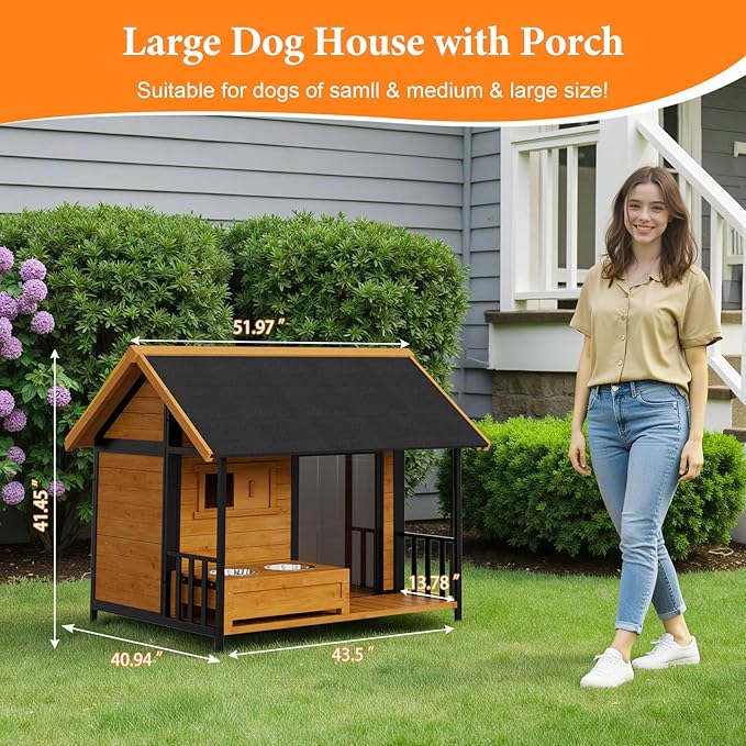 Large Dog House with Dog Bowls Stand, Outdoor Weatherproof XL Dog Kennel with - Image 2
