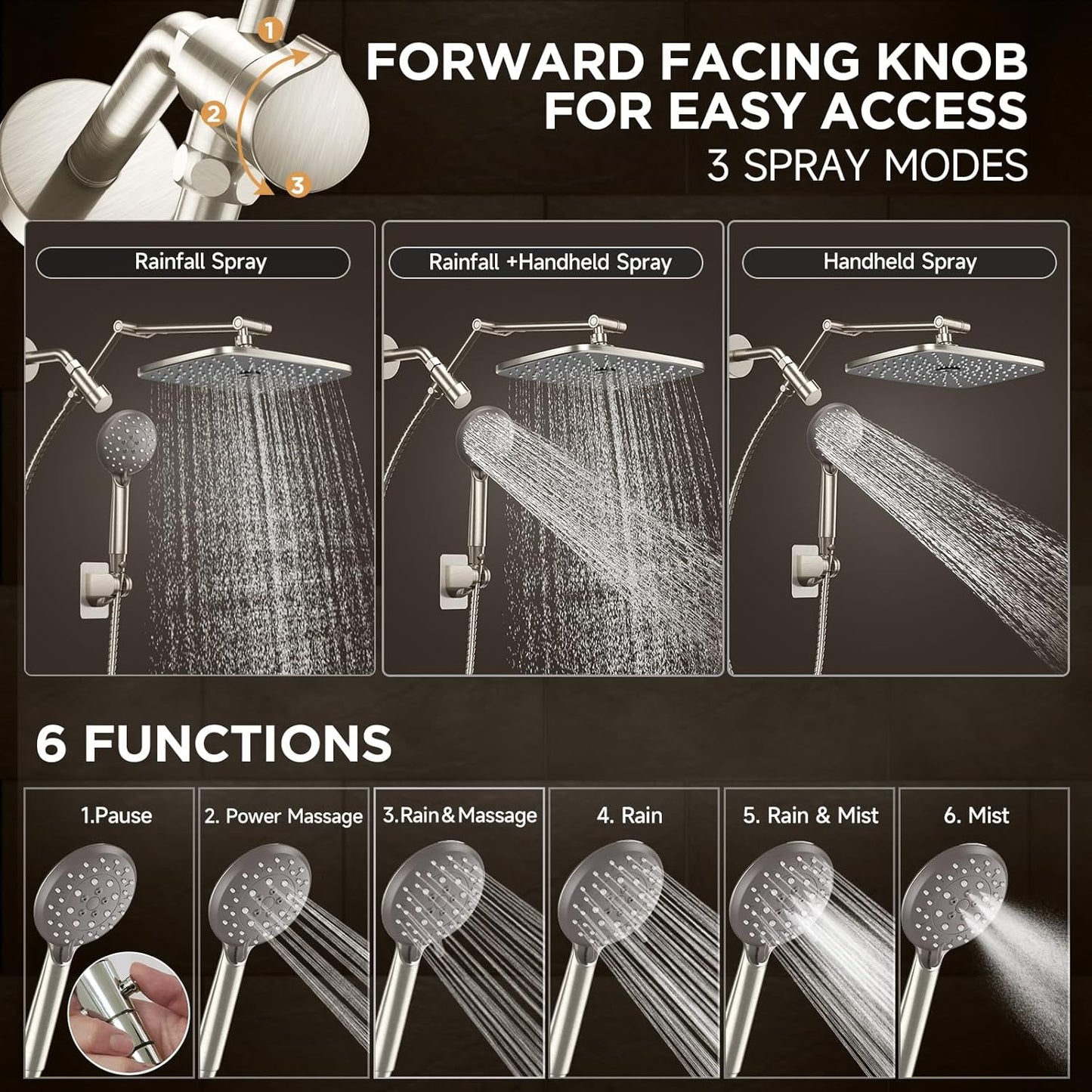 Veken Wide Rain Shower Head with 6 Modes Handheld Water Spray,High Pressure Showerhead Combo with Arm,Adjustable Dual Shower with Anti-Clog Nozzles, Brushed Nickel
