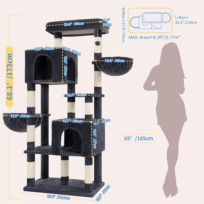 Heybly 68.1" Cat Tree with Oversized Top Platform & Wide Base, Heavy Duty Cat - Image 5