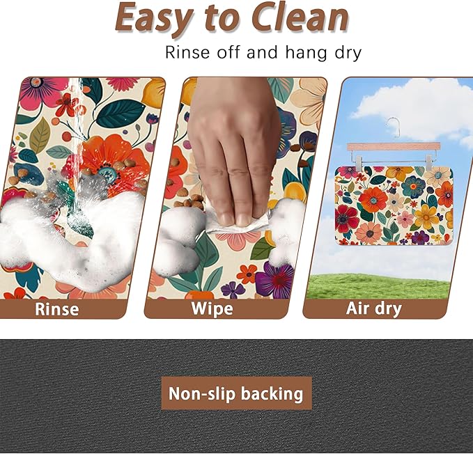 Floral White Dog Food Mat for Floors, Boho Absorbent Quick-Dry Pet Feeding Mat - Image 4