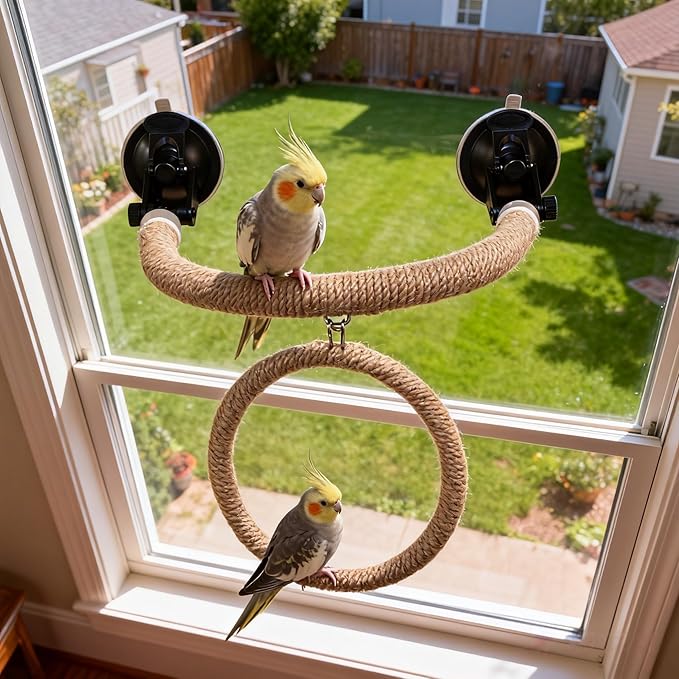 Natural Flax Bird Perch Stand, Strong Suction Cups Bird Window Perch | Movable by AOTU