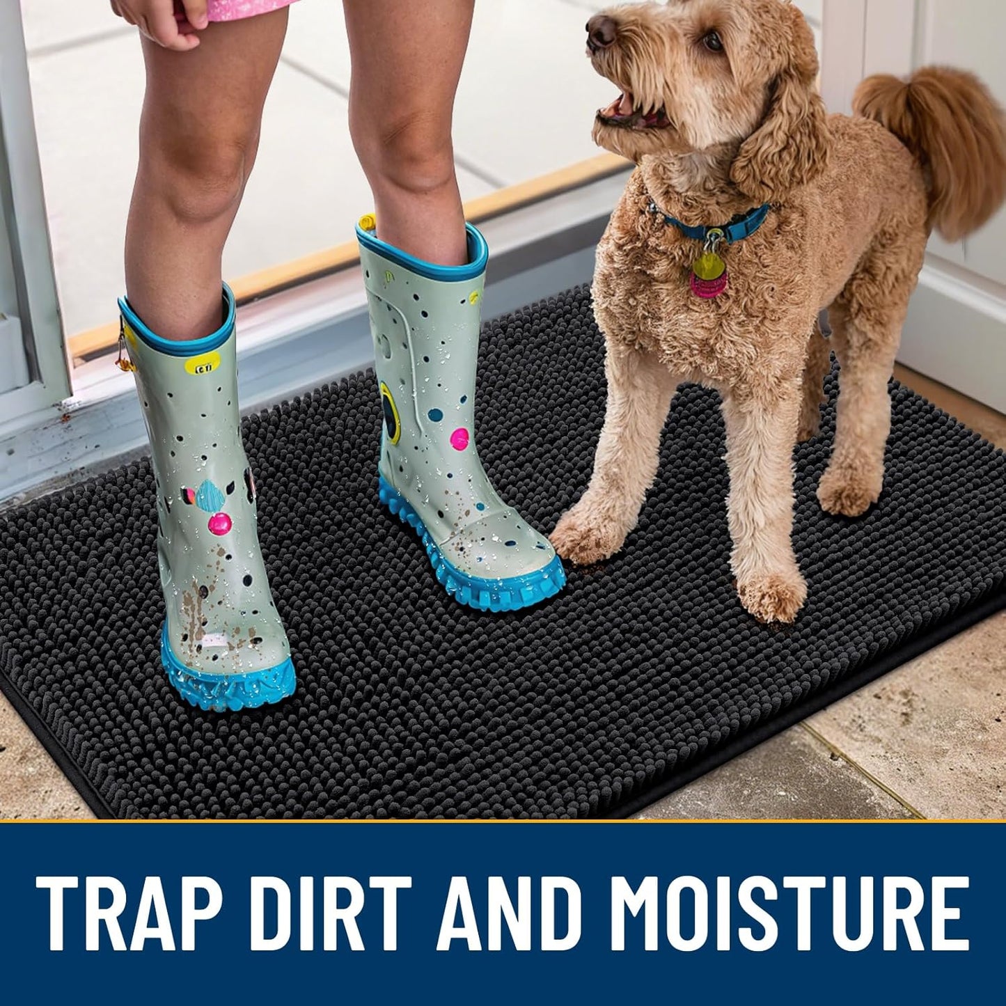 Smiry Dog Door Mat for Muddy Paws 24x16, Absorbs Moisture and Dirt Doormat, Non-Slip Washable Quick Dry Chenille Front Door Mat Indoor Entrance, Entryway Carpet for Inside Floor, Black