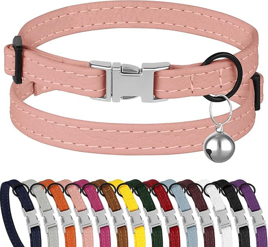 Leather Cat Collar with Buckle and Removable Bell by BUDKAS