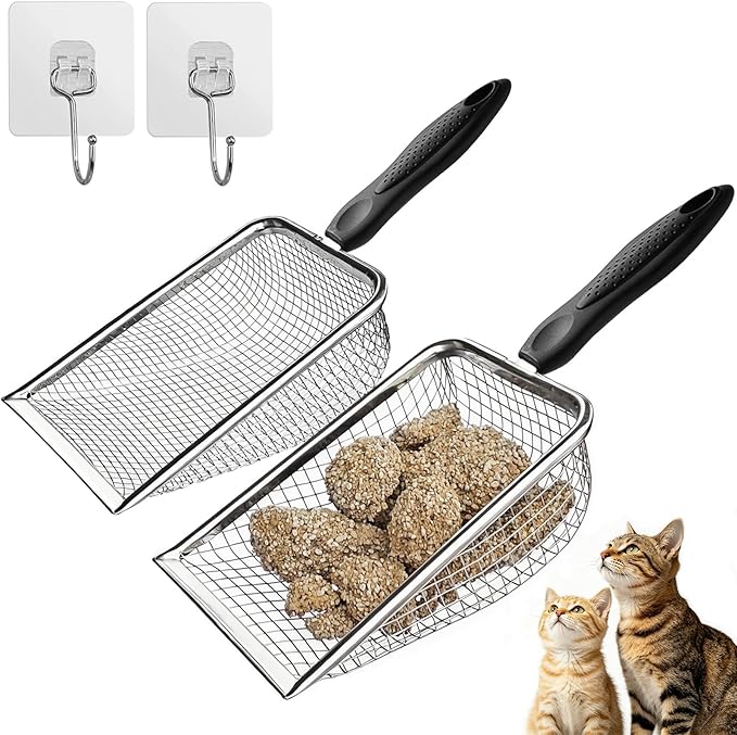 2 Pack Cat Litter Scoop with 3.8mm & 5mm Mesh – Stainless Steel Kitten Litter by MOBPMO