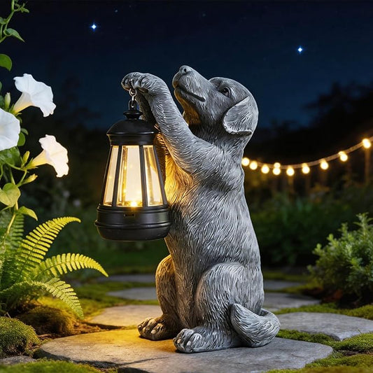 Solar Dog Outdoor Statue with Lantern – Garden Dog Figurines by Unknown