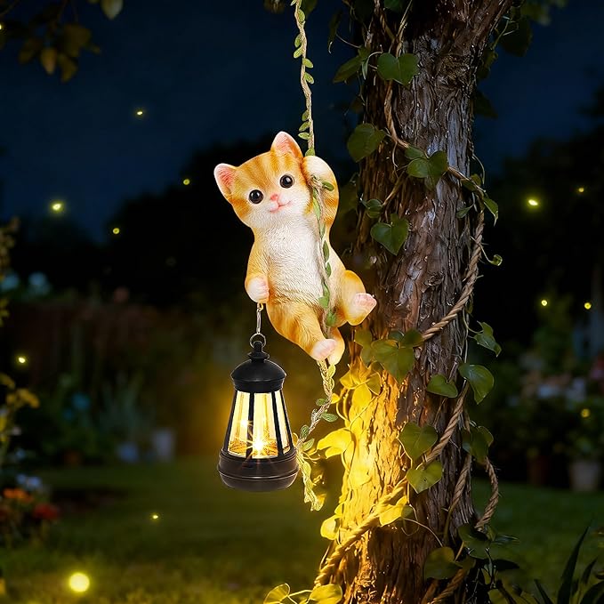 Solar Hanging Cat Statue, Outdoor Resin Orange Cat Figurine - Image 5