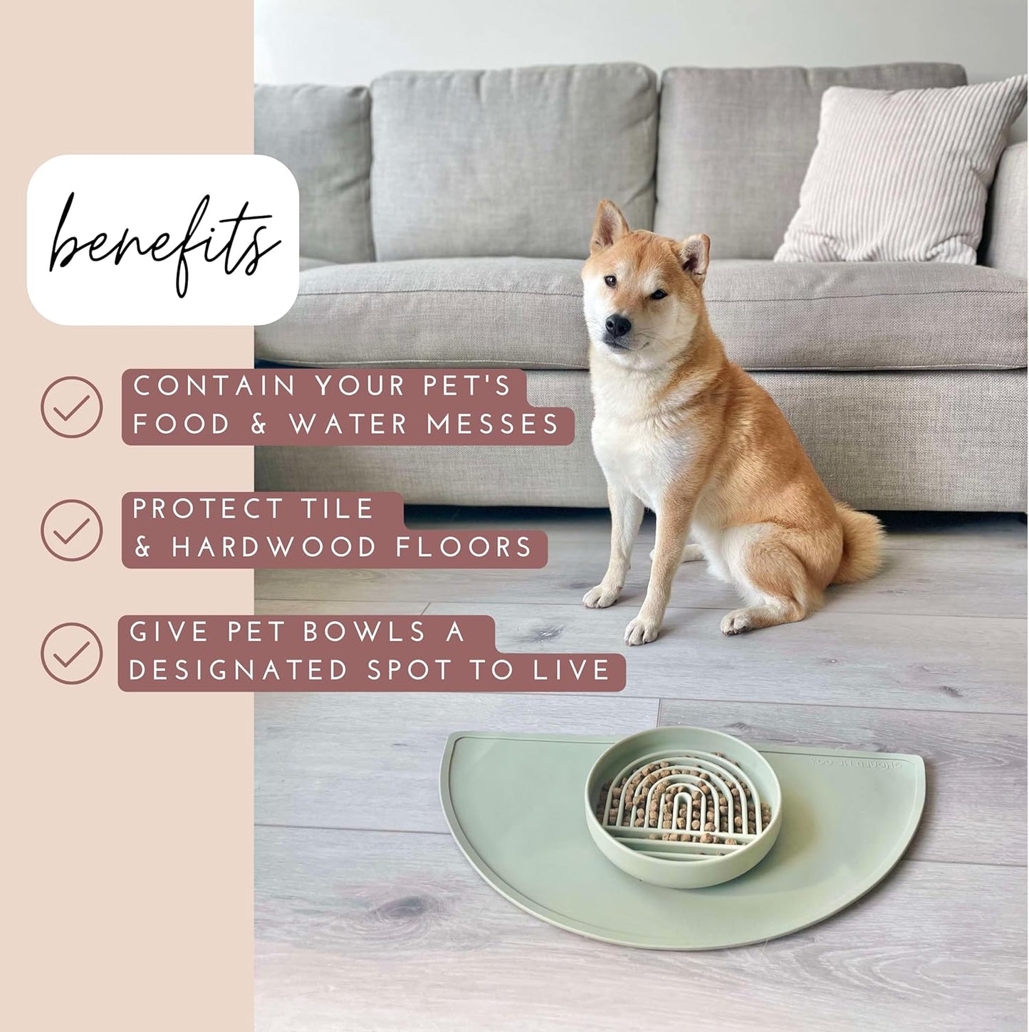 Waterproof Silicone Pet Food Mat - Non-Slip, Spill-Proof Feeding Mats for Floors, Raised Edge Design, Easy-to-Clean Mat for Dog & Cat Bowls, 21" Across x 10.5" Deep, Medium-Charcoal