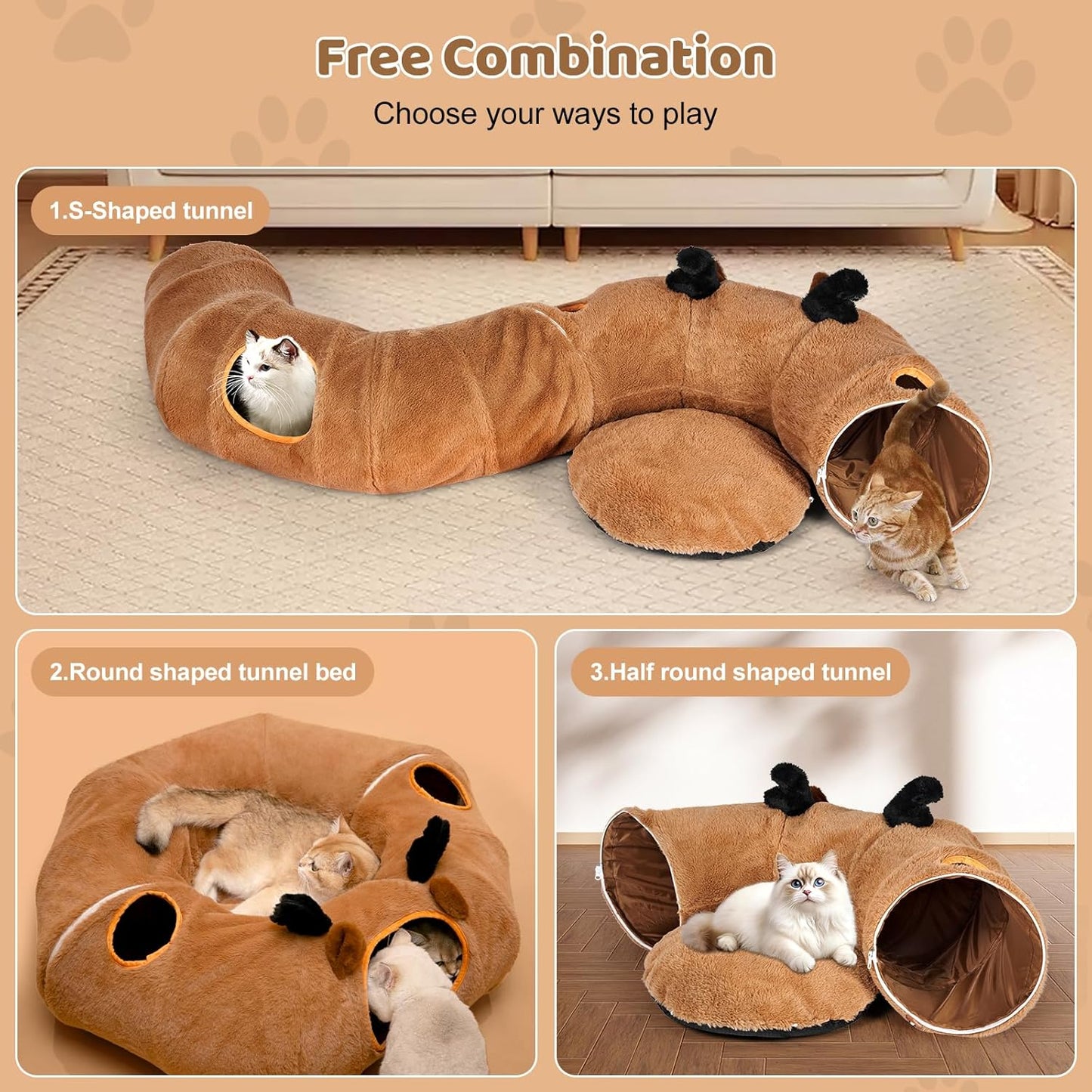 Odoland Reindeer Cat Tunnels Bed with 20 Kitten Toys for Indoor Cats, Plush Cats Couch Tunnel Bed - Kittens Cave Donut Tunnel - Detachable Soft Cat Bed and Variety Kitty Toy Set