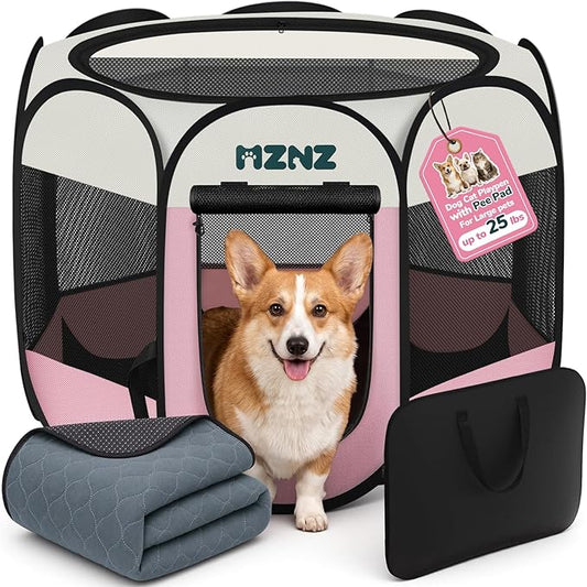 Dog Cat Playpen with Pee Pad, Portable Puppy Pet Crate Indoors by MZNZ