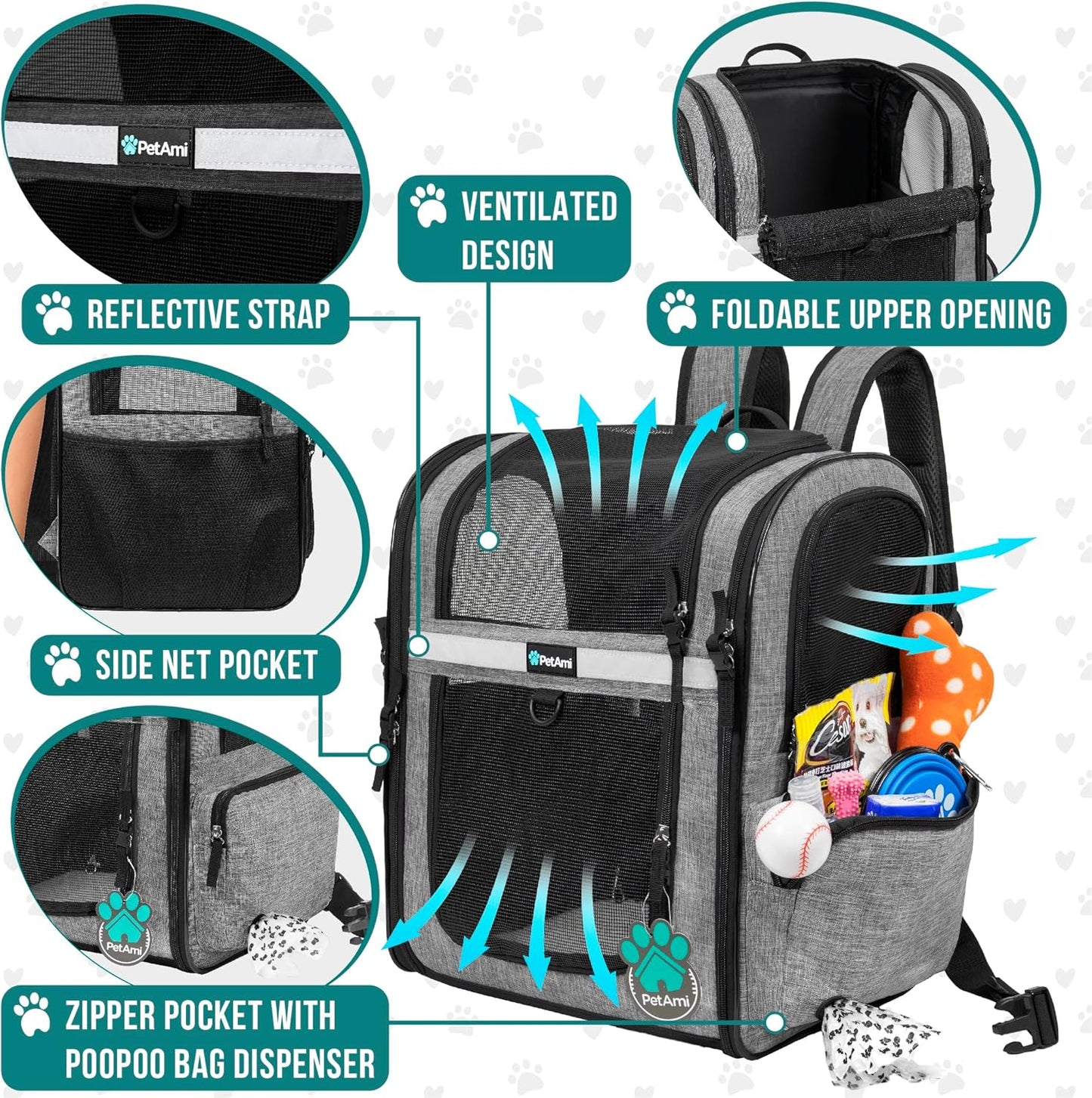 PetAmi Dog Backpack Carrier for Small Large Cat, Pet, Puppies, Ventilated Pet Hiking Backpack Travel Bag, Airline Approved Cat Backpack Carrier, Safety Back Support, Camping Biking, Max 18 lbs, Grey