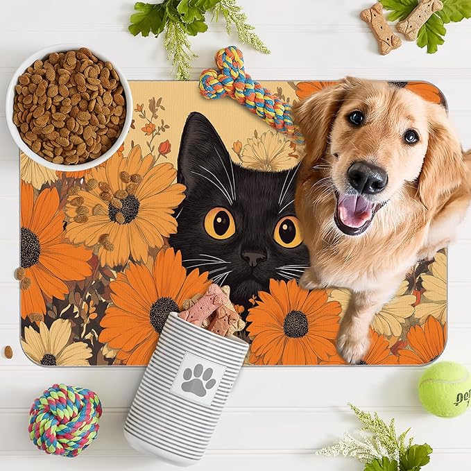 Black Cat Dog Food Mat for Floors, Fall Flower Daisy Absorbent Pet Food and - Image 7