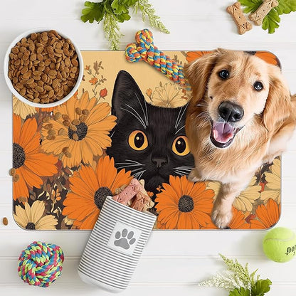 Black Cat Dog Food Mat for Floors, Fall Flower Daisy Absorbent Pet Food and - Image 7