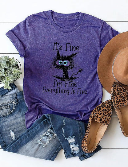 Funny Cat T Shirts for Women Everything is Fine Graphic Tees Casual Short - Image 4