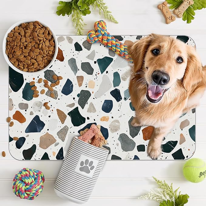 Terrazzo Stone Colorful Dog Cat Food Mat, Absorbent Pet Feeding Mat - Image 7