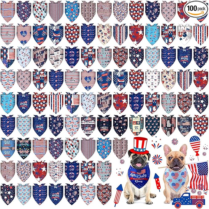 Huhumy 100 Pcs 4th of July Dog Bandanas Bulk 3 Sizes Dog Washable Bandana by Huhumy