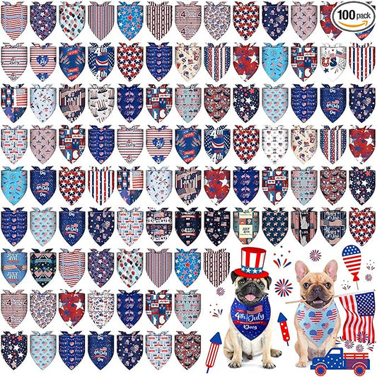 Huhumy 100 Pcs 4th of July Dog Bandanas Bulk 3 Sizes Dog Washable Bandana by Huhumy