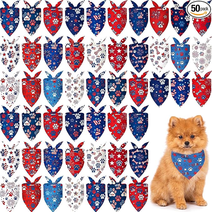 50 Pcs Patriotic Paw Print Dog Bandanas Bulk 4th of July Bandanas by Jeere