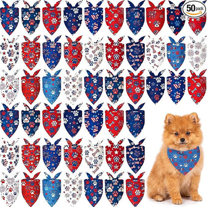 50 Pcs Patriotic Paw Print Dog Bandanas Bulk 4th of July Bandanas by Jeere